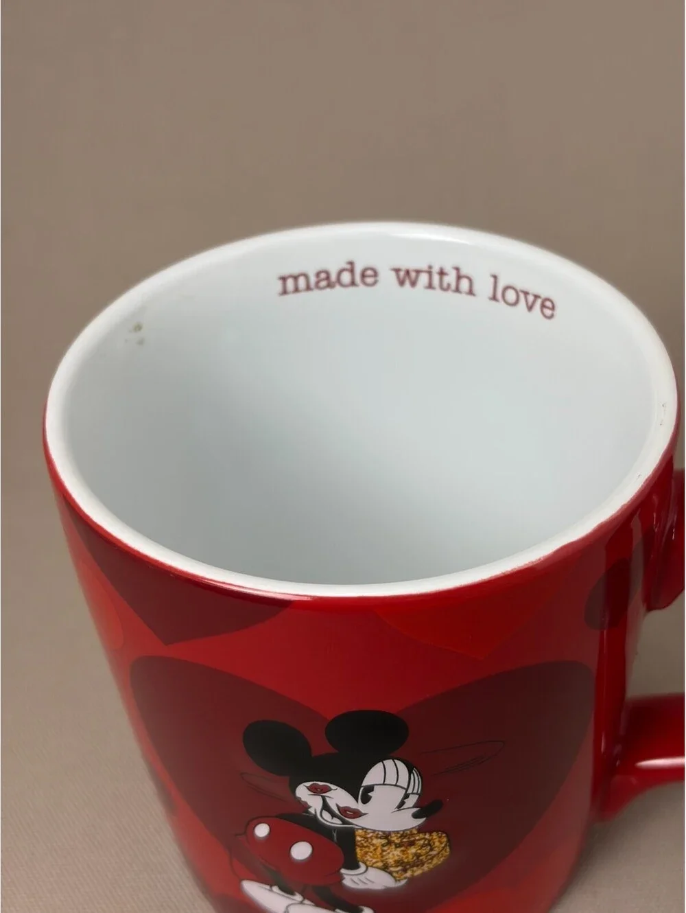 Disney Jumping Beans Mickey Mouse Red Hearts Coffee Mug Cup Made With Love 2015